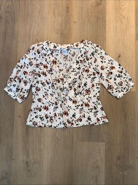 Abound White Floral Wrap Peplum Top with Pink & Brown Accents